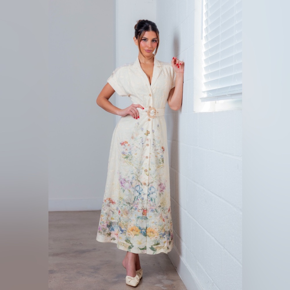 Watercolor Florals Embroidered Button Front Maxi Dress - A. Peach